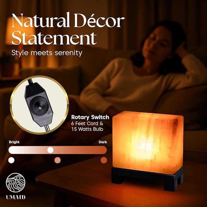 UMAID Himalayan Salt Lamp Rectangle, Natural Pink Rock Lamp on Modern Wood Base with Night Light Bulb and Dimmable Cord, Unique Home Decor, Zen Gifts, Perfect for Spa and Meditation Accessories - Bloomnest