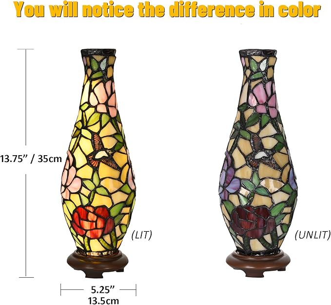 A0010 Tiffany Style Vase Table Lamp LED with 3 Lighting Modes and 10 Brightness Dimming, Handmade Stained Glass Accent Lamp for Bedside Livingroom Bedroom Home Decoration - Bloomnest