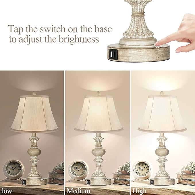 PARTPHONER Touch Control Table Lamp Set of 2, 3-Way Dimmable Bedside Nightstand Lamp with 2 USB Charging Ports, Rustic Farmhouse Desk Lamp with Faux Silk Shade for Living Room, Bedroom - Washed White - Bloomnest