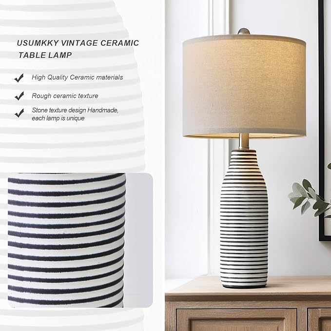 25" Ceramic Table Lamps Set of 2 Beside Lamps for Living Room Modern Bedroom Lamps for Night Stands with Rotary Switch Black and White Stripes - Bloomnest