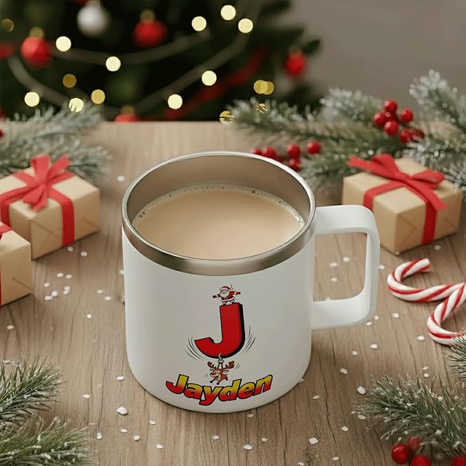 Personalized Christmas Mug with Initial & Name - Funny Santa & Reindeer Custom 12oz Insulated Stainless Steel Coffee Cup Tumbler with Handle & Lid - Unique Holiday Xmas Gifts for Kids (B151) - Bloomnest