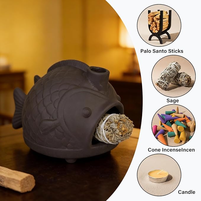 Handmade Black Fish-Shaped Palo Santo Holder - Charming Sage Burner for Cone Incense & Chiminea with Chimney - Thoughtful Gift for Energy Cleansing, Yoga, Spa, Altar Decor & Aromatherapy MOUGIGI