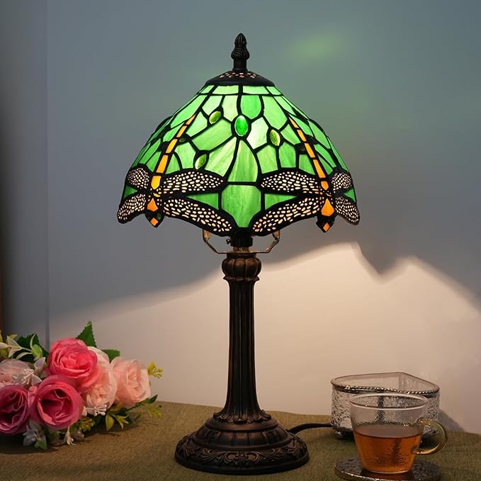 Tiffany Lamp Green Dragonfly Stained Glass Table Lamp 8X8X14 Inches Green Dragonfly Style Desk Reading Light Decor Beside Bedroom Living Room Home (H1057-Green Dragonfly) - Bloomnest