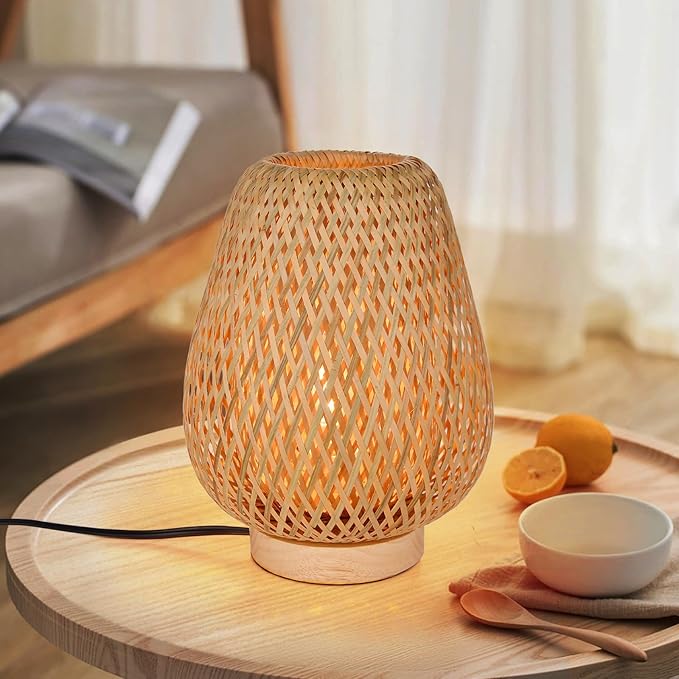 Bamboo Weaving Table Lamp with Handmade Natural Wooden Base, Eye-Caring Bedroom Bedside Night Light, Retro Desk Lamp Reading Light Home Decor, Unique Handicraft House Warmging Gift - Bloomnest