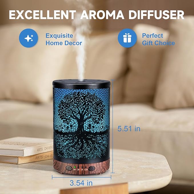 Essential Oil Diffuser 120ML Metal Aromatherapy Diffuser with Timer, Cool Mist Humidifier with Auto Shut-Off & 7 Color Lights for Home Office Spa (Life Tree) - Bloomnest