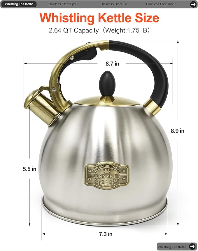 Stove top Whistling Tea Kettle Food Grade Stainless Steel Teapot of 5-layer base for Camping & Kitchen(Brushed, 2.64 Qt) - Bloomnest