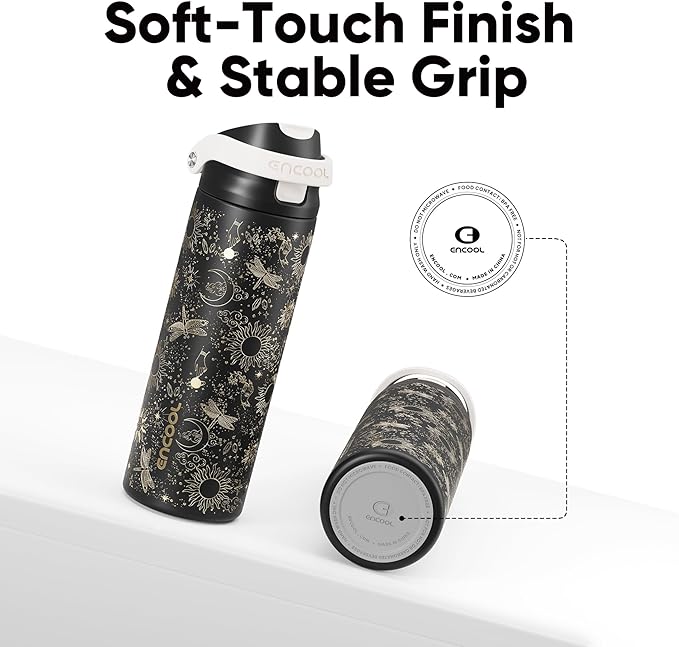 ENCOOL Leakproof Insulated Water Bottle with Straw Dual-Sip Water Bottle Bag-Safe Design for Work, Commute & Gym – Keeps Drinks Cold All Day, 24 oz, Oracle Moth ENCOOL