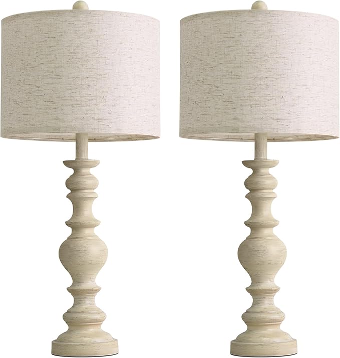 BOBOMOMO 27" Antique White Table Lamps Set of 2, Large Vintage Resin Lamps with Linen Shades, Farmhouse White Lamps for Bedroom, Living Room, or Console Table Elegant Home Décor - Bloomnest