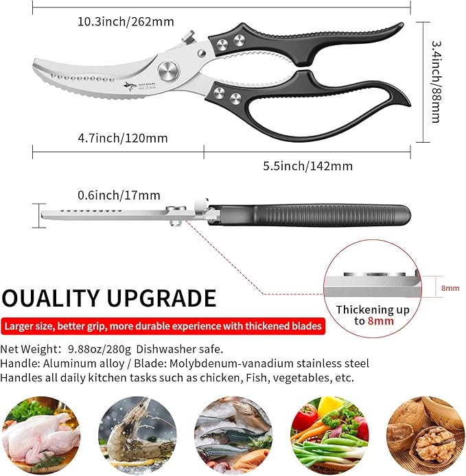 MAD SHARK Professional Heavy Duty Poultry Shears - Kitchen Shears for Spatchcocking Chicken and Meat Cutting, Multi-Purpose Kitchen Scissors for Food, Spring-loaded (Black) - Bloomnest