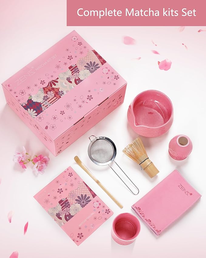 ZENS 7pcs Matcha Set, Matcha Whisk Set Includes Pink Bowl and Cup for Bamboo Whisk, (Chasen Holder), Scoop, 304 Sifter and Tea Mat, Pink Matcha Kit for Matcha Lovers - Bloomnest