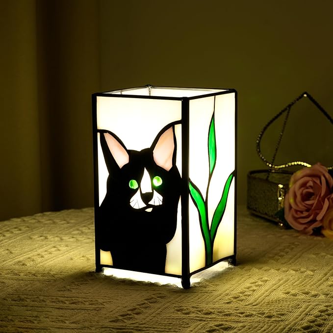 Tiffany Lamp Stained Glass lamp Small Bedside Table Lamps for Living Room Home Decor,Girls Women Birthday Halloween Christmas Thanksgiving Day Gift,Black Cat - Bloomnest