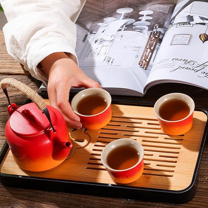 LURRIER Gongfu tea sets, Portable Ceramic TeaSet, Asian Tea sets for adult, Tea Gift sets, Grey leather case, Portable Travel Bag,Home,Gifting,Outdoor and Office(Red and Orange) - Bloomnest