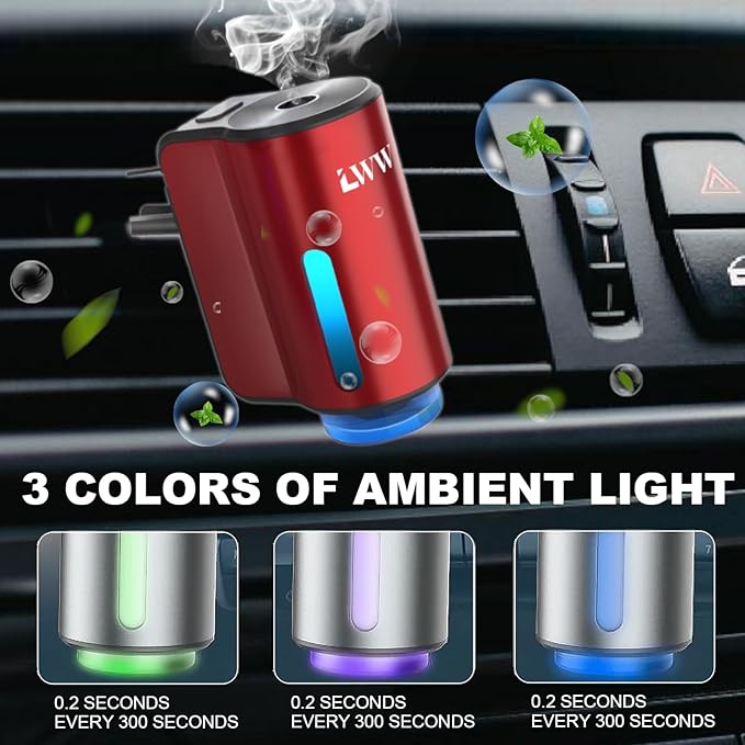 Car Air Freshener - Smart Adjustable 3-Speed Intensity, Rechargeable Humidifier Car Essential Oil Diffuser - Comes with 8 Bottles of 10ml Perfume (Red) - Bloomnest