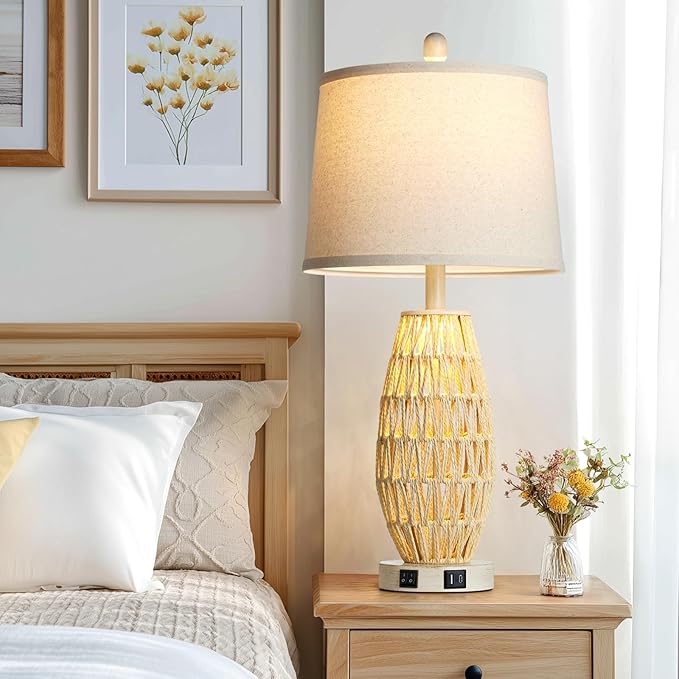 27“ Beige Rattan Table Lamps with Night Light, Boho Bedside Lamps Set of 2, Woven Wicker Bedroom Lamp for Nightstand with USB A+C Charging Port & AC Outlet, Tall Coastal Living Room Lamp - Bloomnest