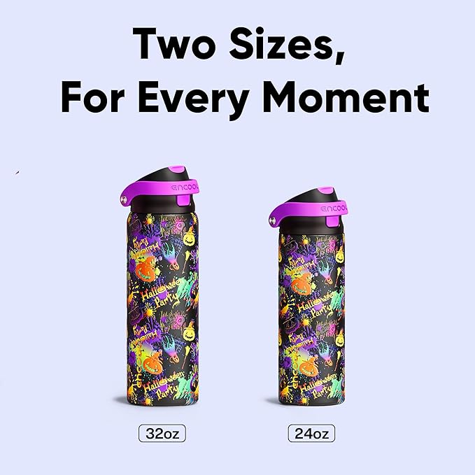 Encool SwiftSip Insulated Stainless Steel Water Bottle with Straw - Leak Proof Sports Water Bottle for School, Travel, Keeps Cold All Day, One-Touch Flip Lid, BPA-Free, 32 oz, Ghost Party ENCOOL