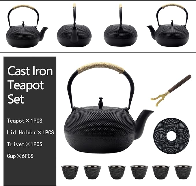 Big Cast Iron Teapot Set with Cups, Japanese Tetsubin Tea Kettle for Stovetop Safe, Cast Iron Tea Set with Tea Strainer for Loose Tea and Enameled Interior (1800ml Teapot Set with Cups) - Bloomnest