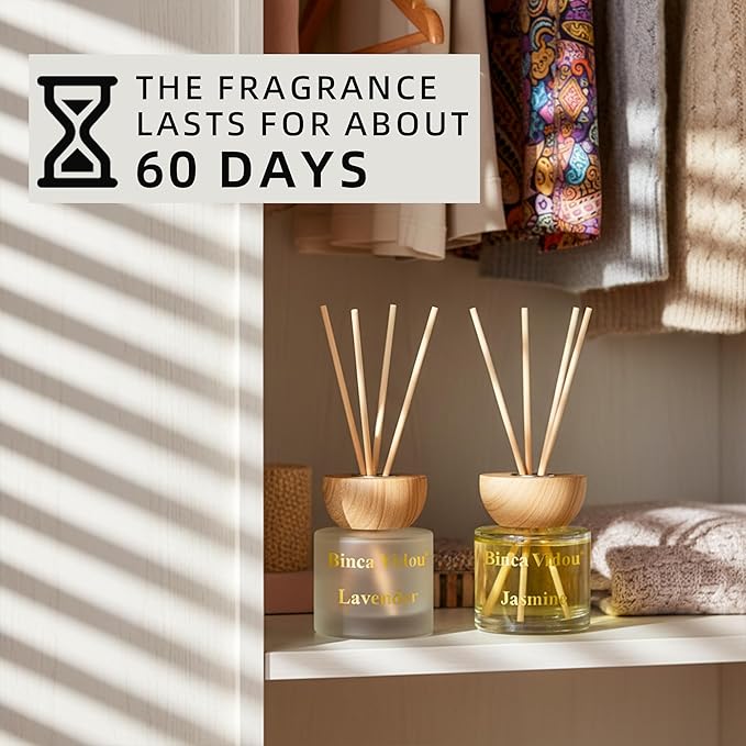 Reed Diffuser Set, Binca Vidou Lavender & Jasmine Natural Scent Oil Diffusers with Sticks for Home Office Bathroom Aromatherapy Decor 3.38oz x 2 - Bloomnest
