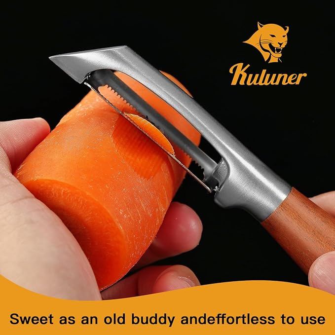 Serrated Blade Premium I Type 304 Stainless Steel Multifunctional Kitchen Peeler Real Wood Handle Ultra Sharp Blade Vegetable Potato Apple(Aosuan) - Bloomnest