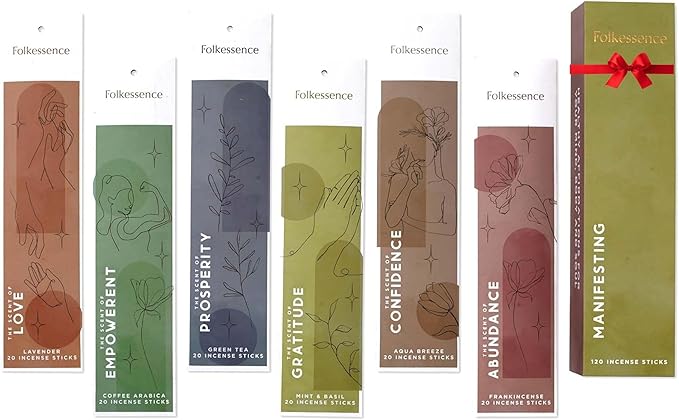 Folkulture Incense Sticks (120 Sticks) | Set of 6 Premium Incense For Manifesting, Aromatherapy, Gifts | No Charcoal,Organic, Non Toxic, 45 Mins, Long Burning Frankincense, Coffee, Mint Insence-Sticks FOLKULTURE