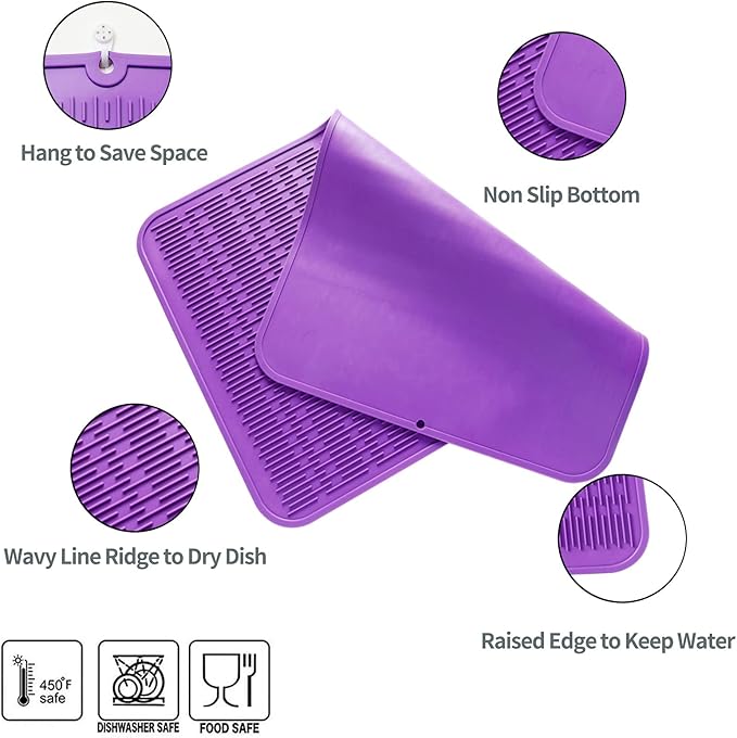 Silicone Dish Drying Mat for Multiple Usage,Easy clean,Eco-friendly,Heat-resistant Silicone Mat for Kitchen Counter or Sink,Refrigerator or Drawer Liner Purple 4XL 32 inches x 18 inches - Bloomnest