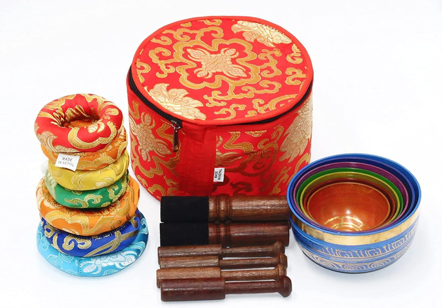 Tibetan Singing Bowl Set of 7, Handmade Singing Bowl for Meditation & Holistic Healing, Yoga Accessories, 3-5” Multicolored Singing Bowls with Wooden Striker, Cushion & Red Carry Box