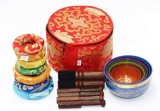 Tibetan Singing Bowl Set of 7, Handmade Singing Bowl for Meditation & Holistic Healing, Yoga Accessories, 3-5” Multicolored Singing Bowls with Wooden Striker, Cushion & Red Carry Box - Bloomnest