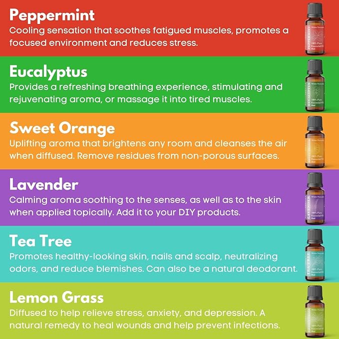 Essential oils of 6 kit - Set, 6X10ML Diffuser Fragrance Oils Essential Oil, Sweet orange, Tee Tree, Peppermint, Lemon Grass, Eucalyptus and Lavender - Bloomnest