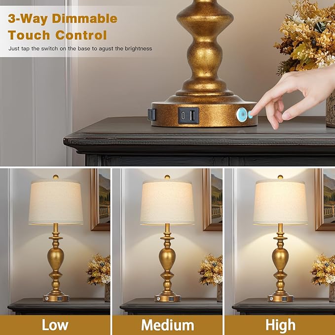 28" Farmhouse Table Lamps Set of 2 with USB C+A Ports & AC Outlet for Vintage Living Room Retro Bedroom,3-Way Dimmable Touch Lamp Resin Bedside Lamps for Nightstand Side End Table, Brass - Bloomnest