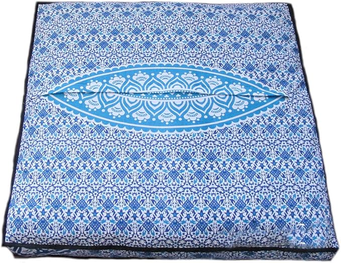 INDIAN CRAFT CASTLE 24" Blue Ombre Mandala Barmeri Large Floor Pillow Cover Cushion Meditation Seating Ottoman Throw Cover Hippie Decorative Zipped Bohemian Pouf Ottoman Pom Pom Cases 24" Square - Bloomnest