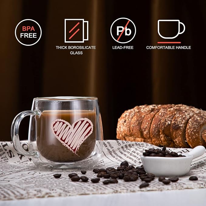 CNGLASS Double Walled Glass Coffee Mugs 10oz,Large Insulated Espresso Cups,Set of 2 Clear Glasses Cappuccino Mug with Handle(Tea Latte Glassware) - Bloomnest
