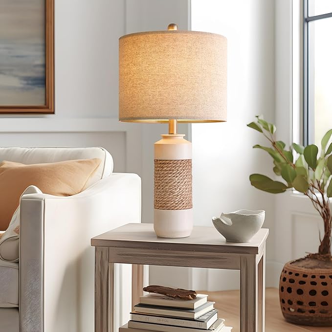OYEARS 23.75" Bedside Table Lamps Set of 2 for Sleeping and Reading, Vintage Farmhouse Rattan Table Lamp Antique White Resin Lamp for Decoration, Office Living Room Bedside Table - Bloomnest