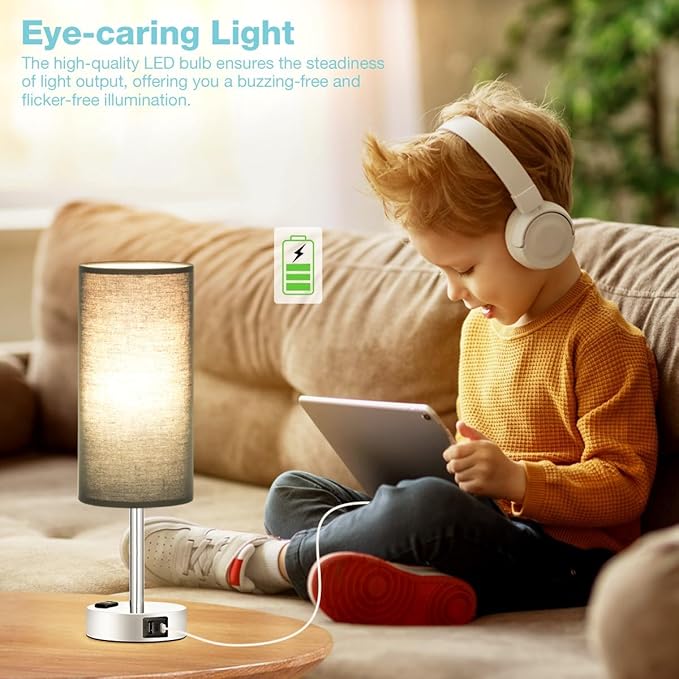 Black Bedroom Table Lamp for Bedside - 3 Way Dimmable Touch Lamp USB C A Charging Ports and AC Outlet, Small Desk Lamp for Nightstand for Living Room with Silver Base, Office Desk, LED Bulb Included - Bloomnest
