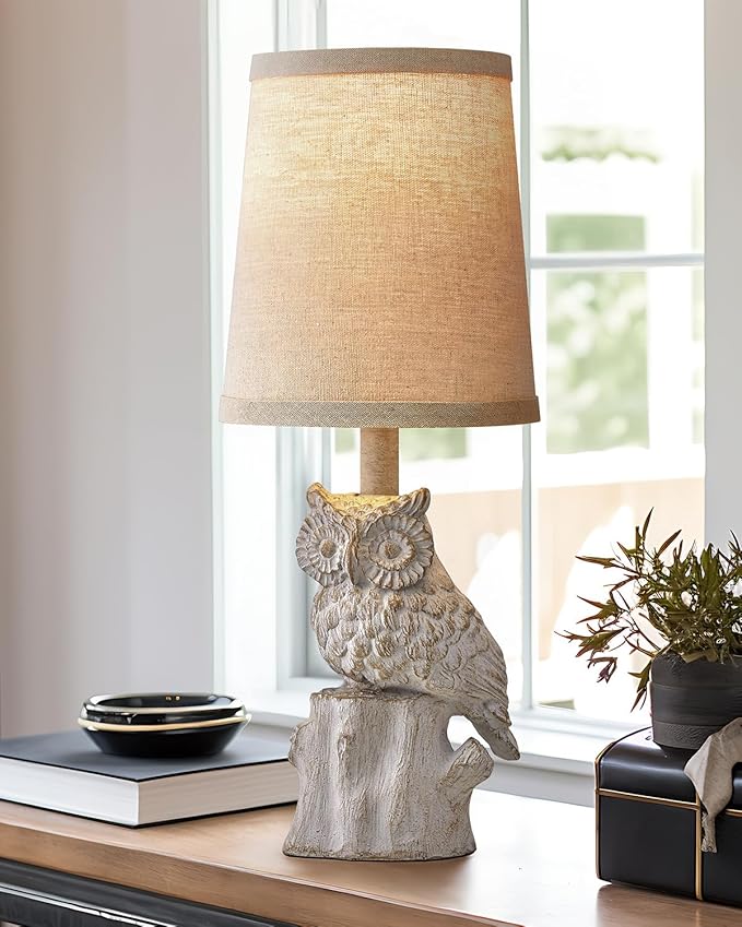 14.25" Small Table Lamps Set of 2 Owl Lamps for Home Decor Rustic Farmhouse Vintage Bedside Table Resin Retro Nightstand, White - Bloomnest