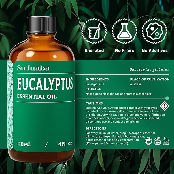 SU JUABA Eucalyptus Essential Oil 4 Fl Oz, 100% Pure Natural for Hair Care, Diffuser, Skin Care,Shower, Aromatherapy- 118ML Bloomnest