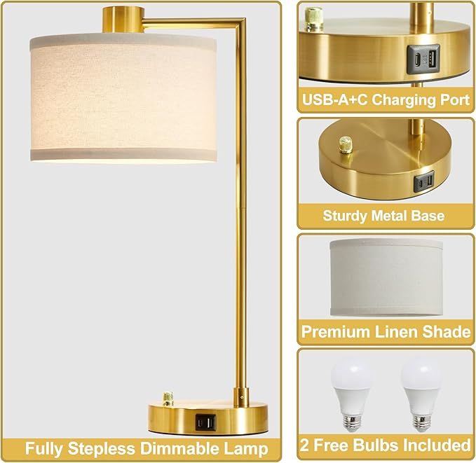 Luvkczc Table Lamp for Bedroom Set of 2 with USB C+A Ports, Fully Stepless Dimmable Bedside Lamp with Linen Lampshade, Nightstand Lamp for Living Room Reading Office, 2 LED Bulbs Included (Gold) - Bloomnest