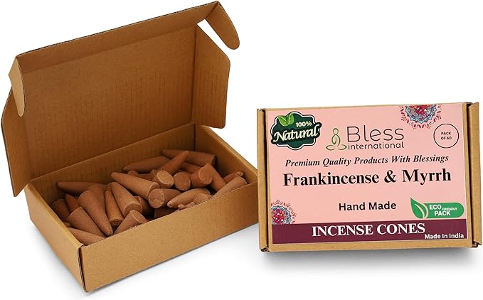 Bless International Frankincense-and-Myrrh 100%-Natural-Incense-Cones Handmade-Hand-Dipped Organic-Chemicals-Free for-Purification-Relaxation-Positivity-Yoga-Meditation The-Best-scents (60 Count)
