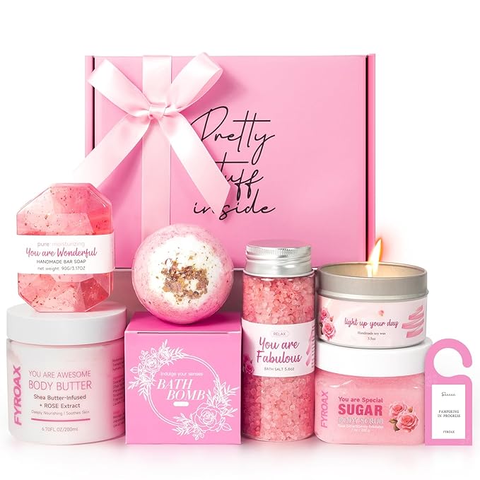 Spa Gifts for Women 7 Pcs Home Spa Kit Rose Gifts for Woman,Spa Gift Baskets Self Care Gifts Spa Gift for Women Birthday,Mothers Day Basket Easter Christmas Bath Set