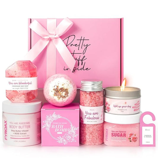 Spa Gifts for Women 7 Pcs Home Spa Kit Rose Gifts for Woman,Spa Gift Baskets Self Care Gifts Spa Gift for Women Birthday,Mothers Day Basket Easter Christmas Bath Set