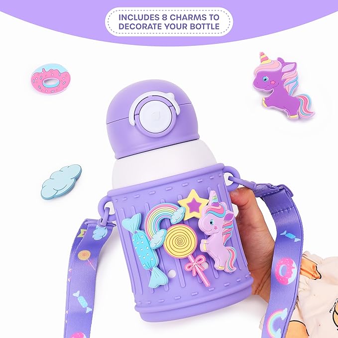 Kids Insulated Tumbler Set – 16oz Stainless Steel Water Bottle with Straw & Pour Lids, Screw-On Cup, Adjustable Strap, Silicone Sleeve & Charms – Leakproof BPA-Free Bottle for Boys & Girls - Bloomnest