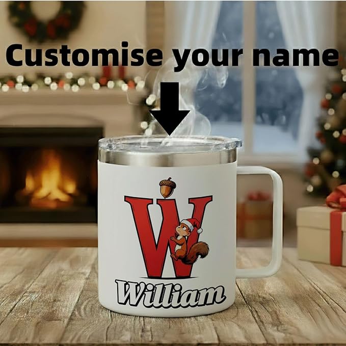 JugJug Personalized Christmas Squirrel Mug with Initial & Name - Cute 12oz Insulated Coffee Cup with Lid - Holiday Xmas Gifts for Kids, Girls (B171) - Bloomnest