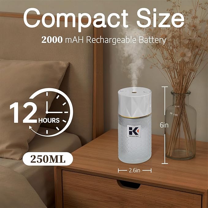 Ikeda Essential Oil Diffuser with Negative Ions, 250ml Glass Aromatherapy Diffuser with 10mL Lavender Essential Oil,3 Modes & 2000 mAH Battery Operated Car Diffuser with Night Light for Home,White