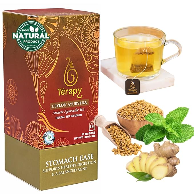 Térapy Ceylon Stomach Ease Herbal Tea Bags | Soothes Stomach & Supports Healthy Digestion | All Natural Ayurvedic Ingredients Including Peppermint, Ginger, Licorice | 18 Individually Wrapped Tea Bags - Bloomnest