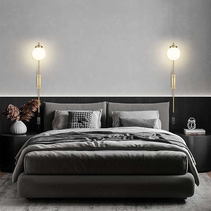 ELEHINSER Gold Wall Sconces Set of 2 with Globe Shade, Modern Indoor Plug in Wall Lamps with Switch, Angle Adjustable Light for Bedroom Living Room Study Hallway Bedside - Bloomnest