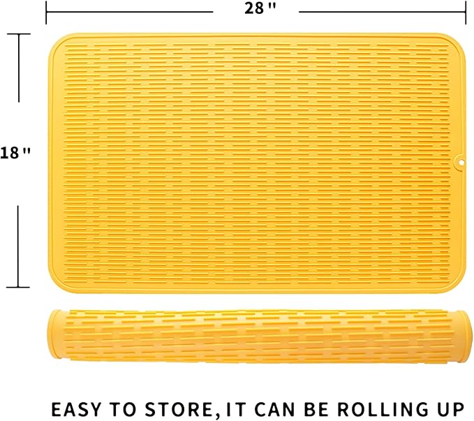 Silicone Dish Drying Mat for Multiple Usage,Easy clean,Eco-friendly,Heat-resistant Silicone Mat for Kitchen Counter or Sink,Refrigerator or Drawer Liner Yellow 3XL 28 inches x 18 inches - Bloomnest