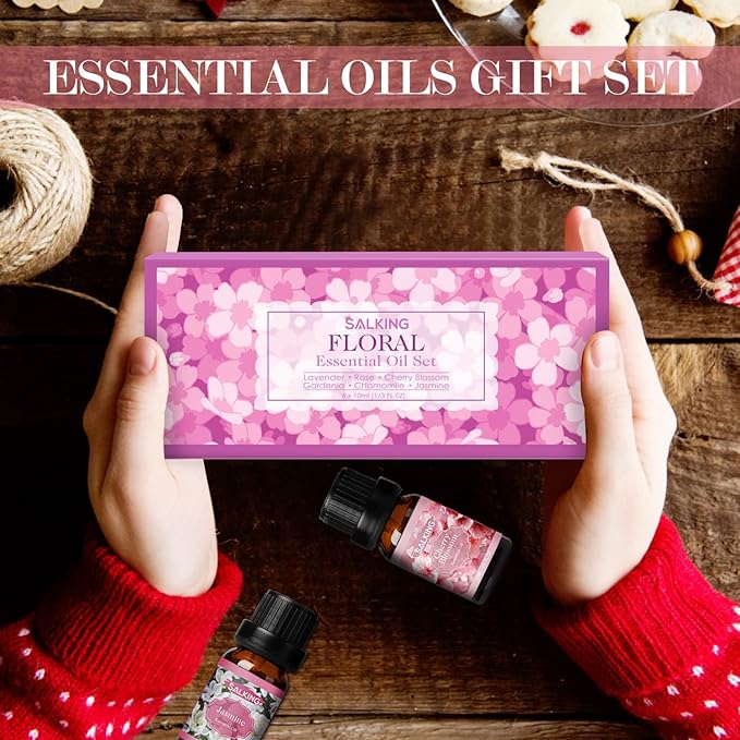SALKING Floral Essential Oils Set, Premium Pure and Natural Essential Oils, Fragrance Oil Scented Oils for Oil Diffusers 6 x 10 ML - Lavender, Rose, Jasmine, Cherry Blossom, Gardenia, Chamomile - Bloomnest