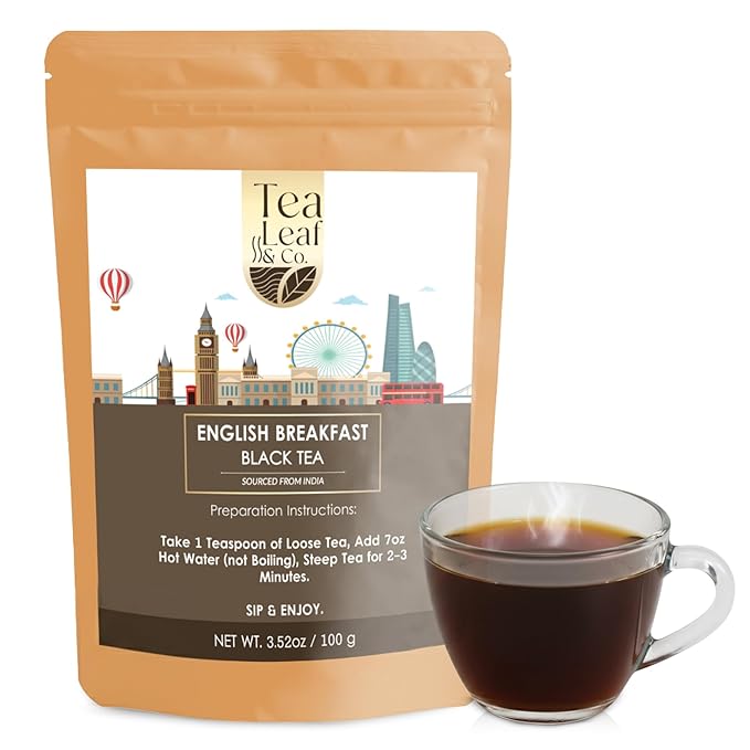 Tealeaf & Co. English Breakfast Black Tea - English Breakfast Tea in Loose Leaf Form - Contains Low Caffeine - Upto 50 Servings - Gluten Free (3.52oz/100gm) - Bloomnest