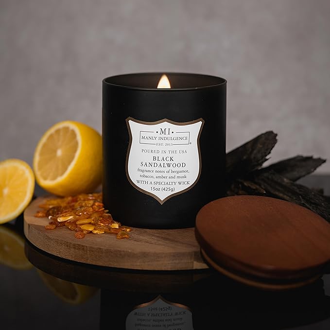 Manly Indulgence Black Sandalwood Scented Candle for Men 15 oz – Bergamot, Tobacco, Amber & Musk - Wood Wick - Up to 60 Hours Burn - Soy Blend Wax, USA Poured – Signature Collection - Bloomnest