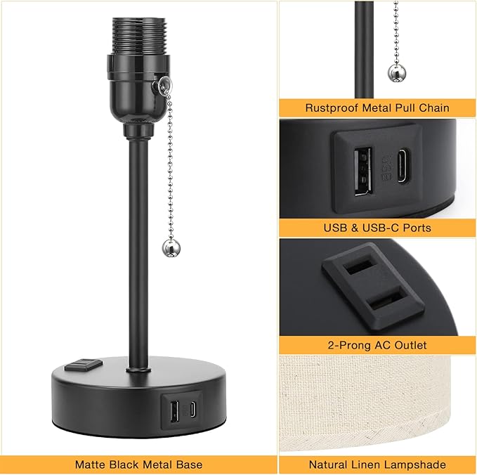 Beige Small Lamps 3 Levels Brightness - 3000K 4000K 5000K Bedside Lamps with USB C and A Ports, Pull Chain Table Lamps with AC Outlet, Nightstand Lamps with Black Metal Base for Bedroom Kids Reading - Bloomnest