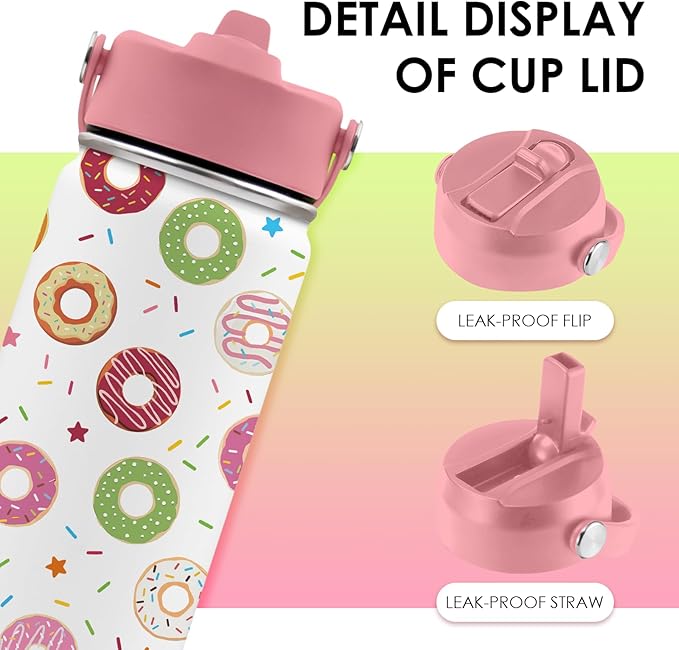 Donut Lover Gifts for Kids - 16oz Insulated Stainless Steel Water Bottle with Straw Lid, Leakproof BPA-Free Tumbler for School, Travel - Cute Donut Design Kids Cup for Boys & Girls (1pc) - Bloomnest