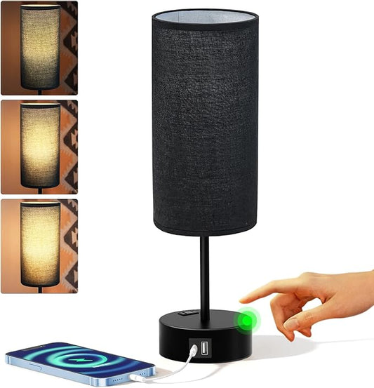 KPQ Small Bedside Lamp Touch Control Table Lamp with USB A+C Charging Ports & AC Outlet 3-Way Dimmable Nightstand Lamp with Linen Fabric Shade for Bedroom Living Room - Bloomnest